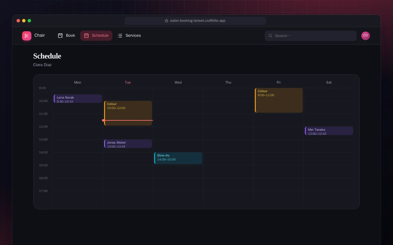 Salon Booking (Laravel): the Schedule screen