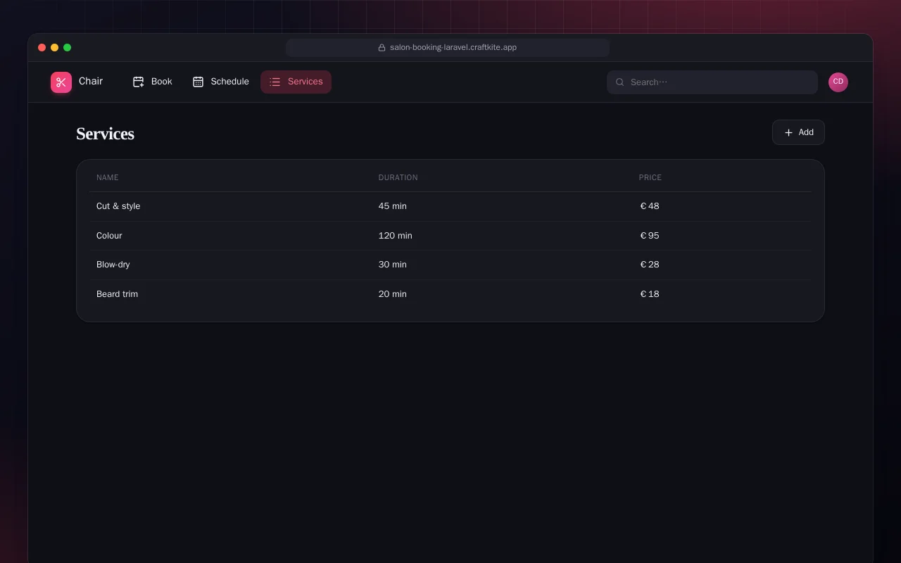 Salon Booking (Laravel): the Services screen