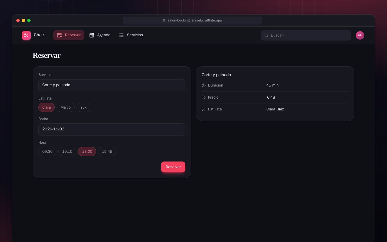 Reservas de peluquería (Laravel): la pantalla Reservar