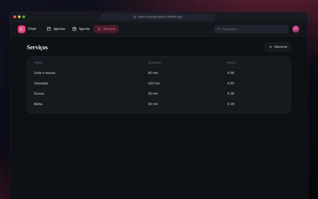 Agenda de salão (Laravel): a tela Serviços