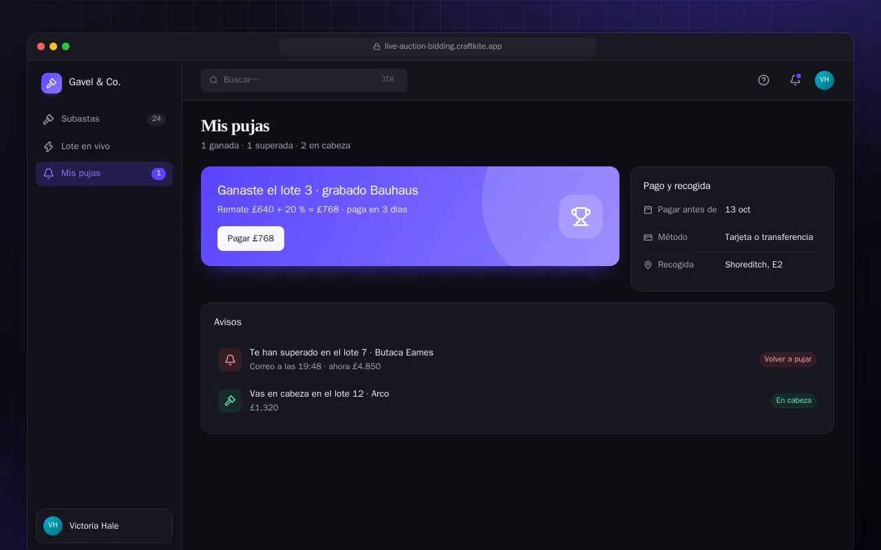Sitio de subastas online: la pantalla Mis pujas