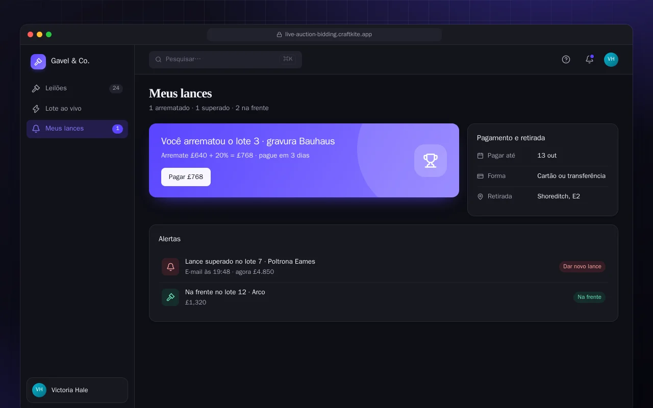Site de leilões online: a tela Meus lances