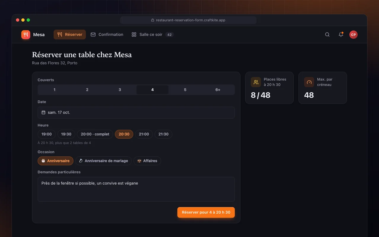 Formulaire de réservation de restaurant : l’écran Réserver une table chez Mesa