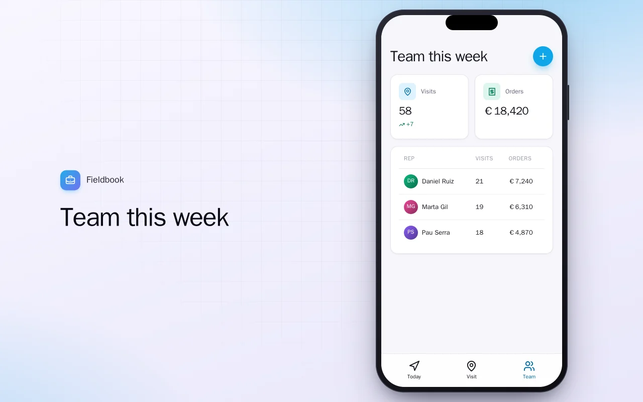 Sales visit log: the Team this week screen