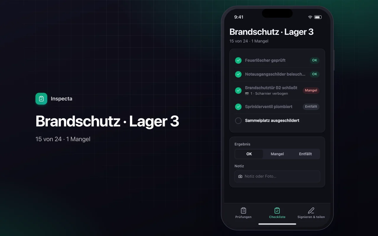 Checkliste für Vor-Ort-Inspektionen: der Bildschirm „Brandschutz · Lager 3“
