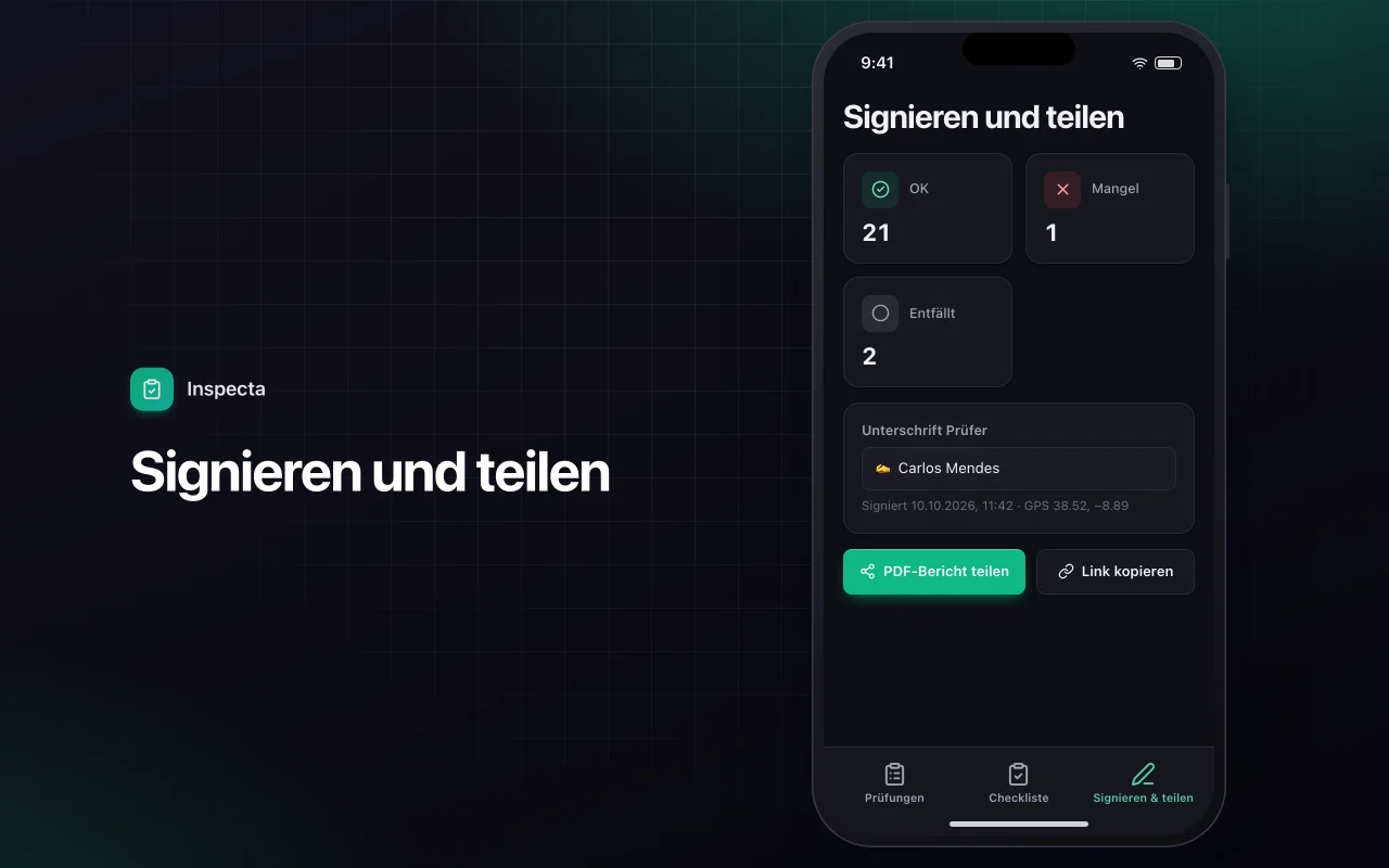 Checkliste für Vor-Ort-Inspektionen: der Bildschirm „Signieren und teilen“