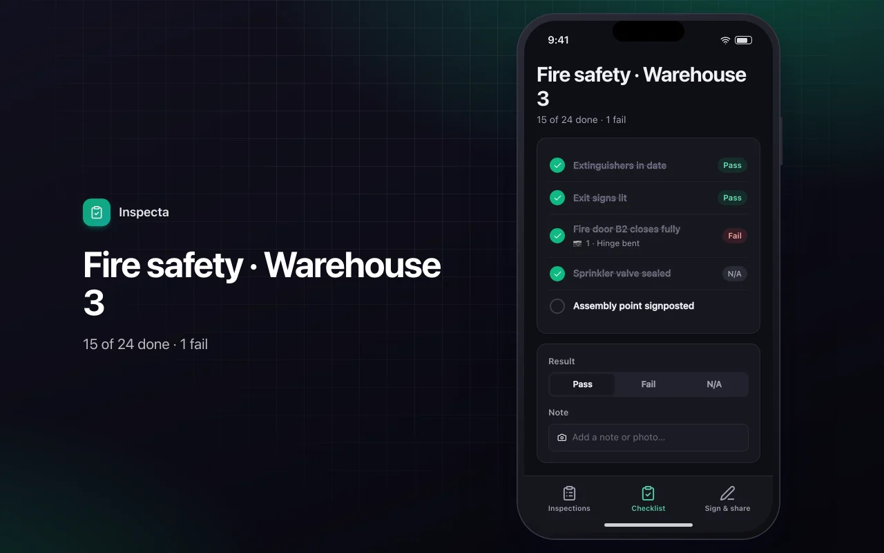 Field inspection checklist: the Fire safety · Warehouse 3 screen