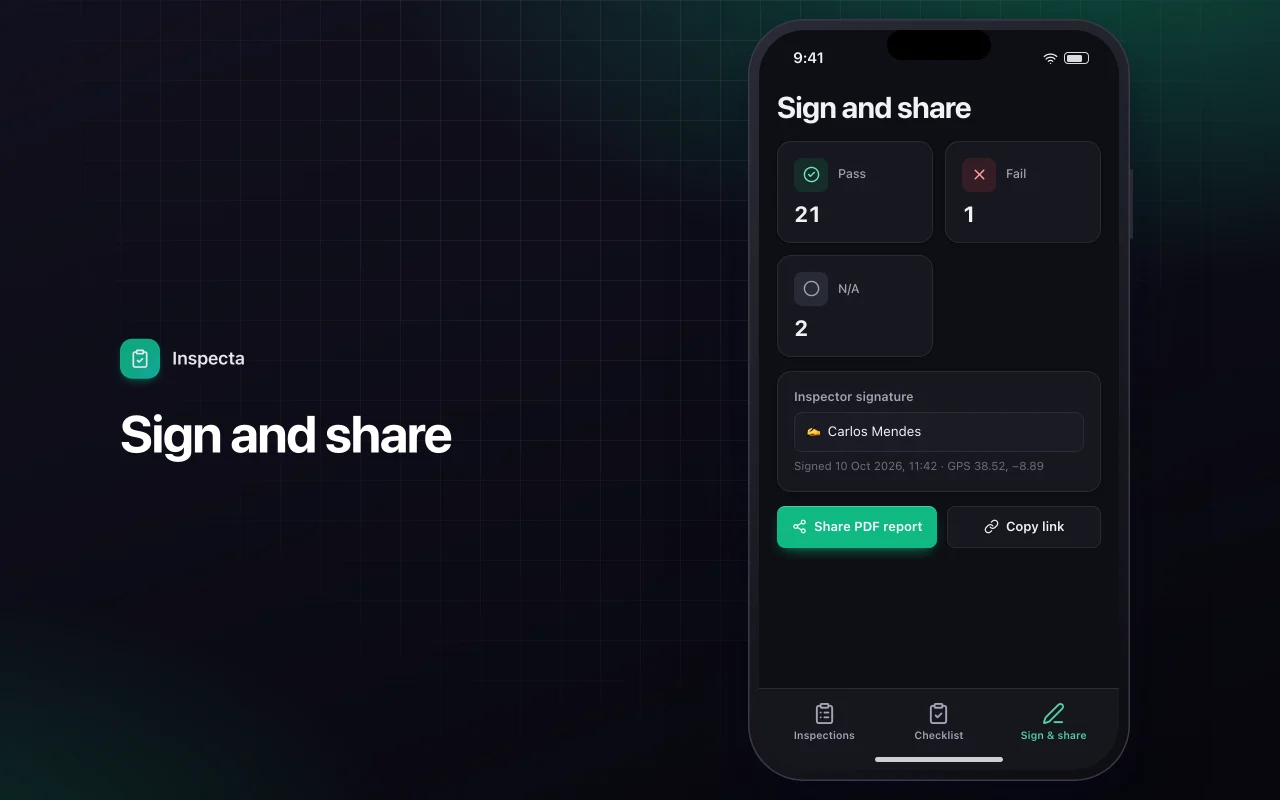 Field inspection checklist: the Sign and share screen