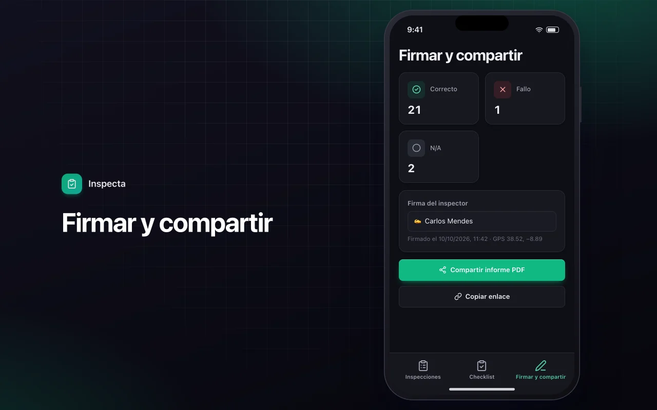 Lista de inspección en campo: la pantalla Firmar y compartir