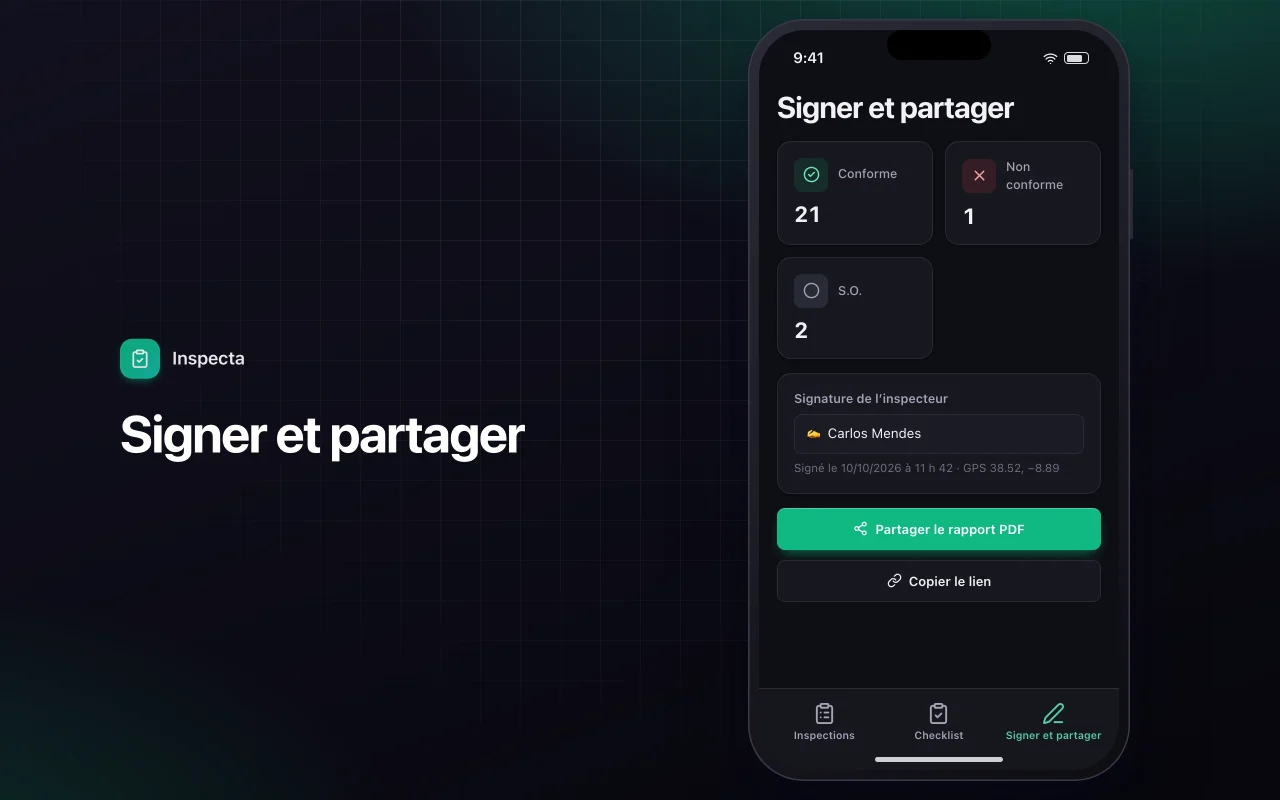 Liste de contrôle d’inspection terrain : l’écran Signer et partager