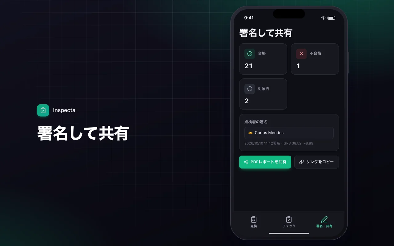 現場点検チェックリスト：署名して共有画面