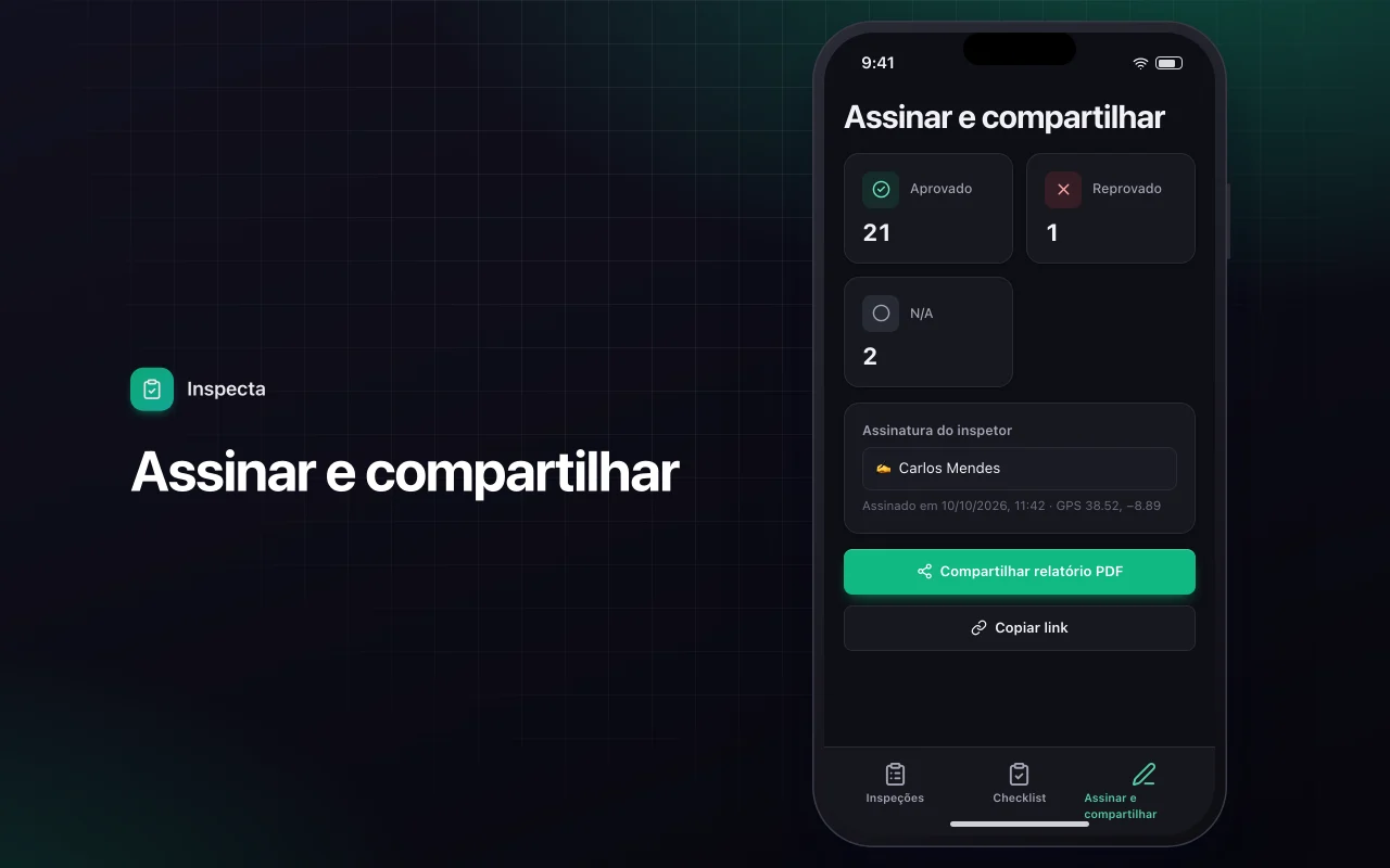 Checklist de inspeção em campo: a tela Assinar e compartilhar
