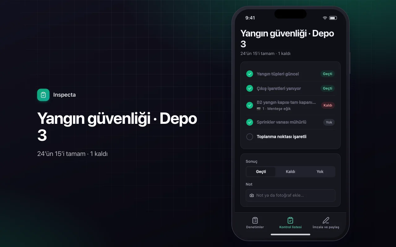 Saha denetim kontrol listesi: Yangın güvenliği · Depo 3 ekranı