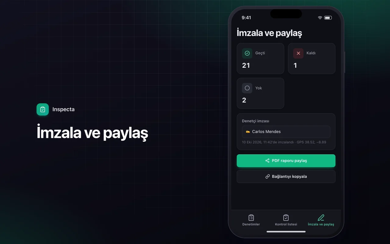 Saha denetim kontrol listesi: İmzala ve paylaş ekranı