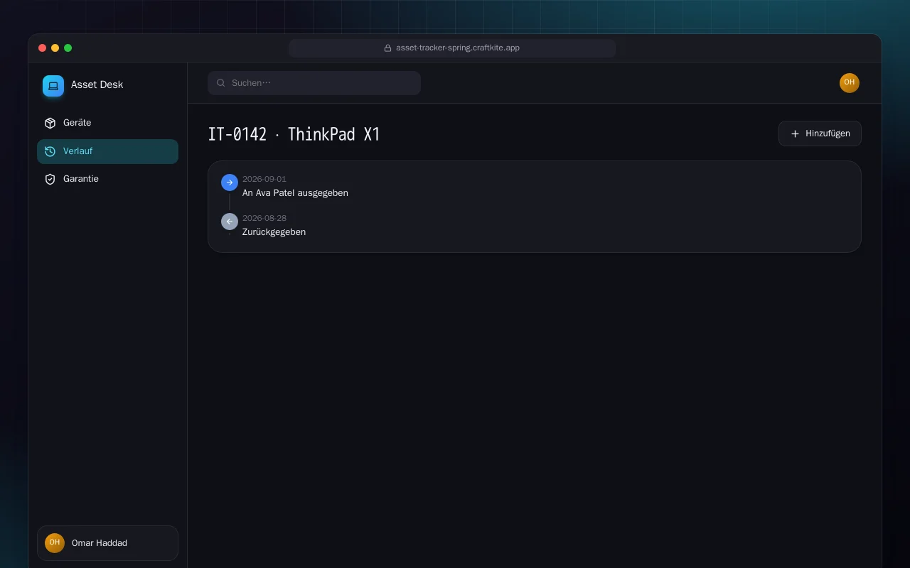 IT-Inventar (Spring Boot): der Bildschirm „IT-0142 · ThinkPad X1“