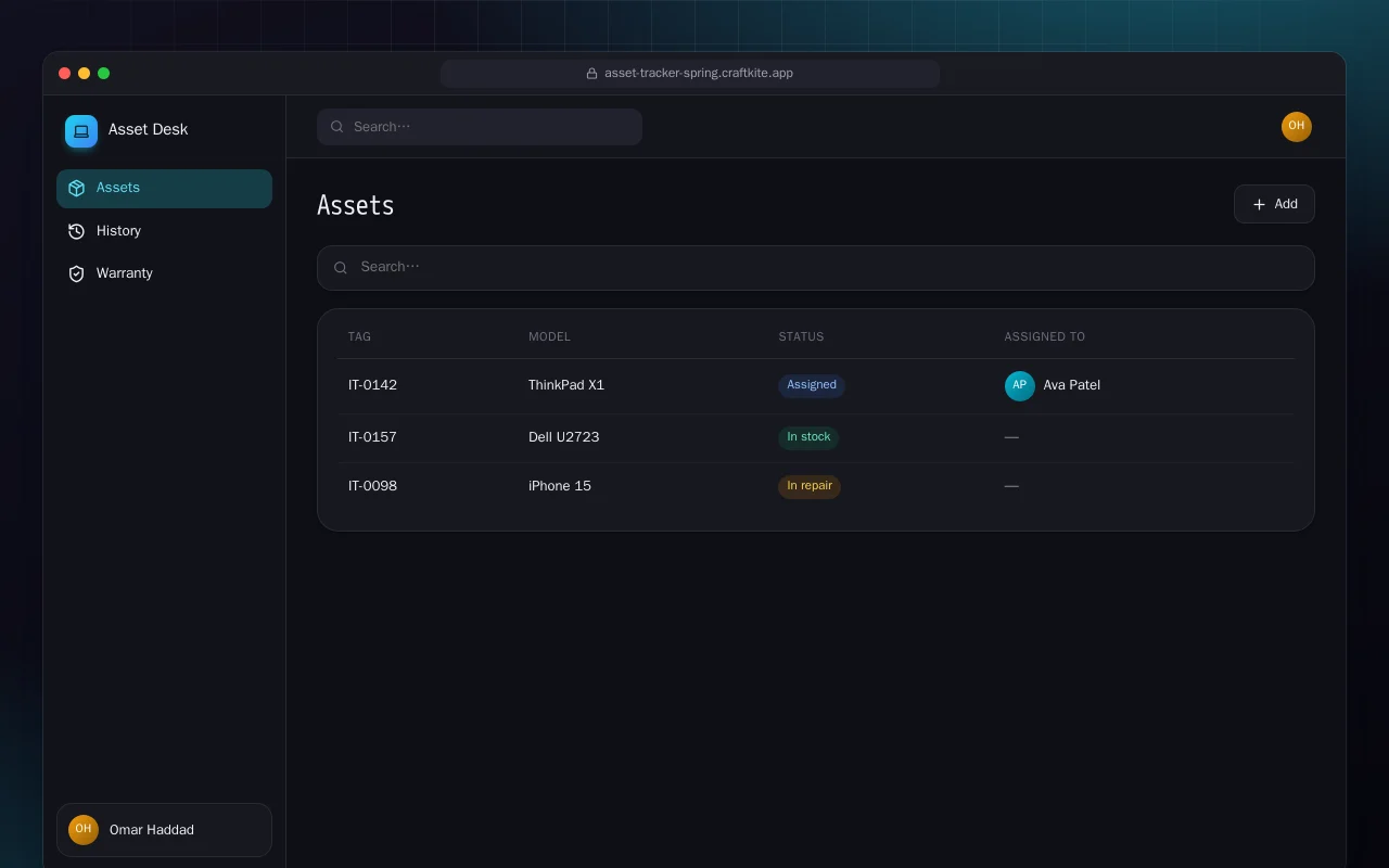 IT Asset Tracker (Spring Boot): the Assets screen