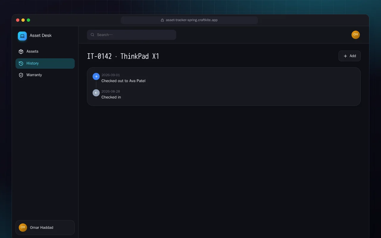 IT Asset Tracker (Spring Boot): the IT-0142 · ThinkPad X1 screen