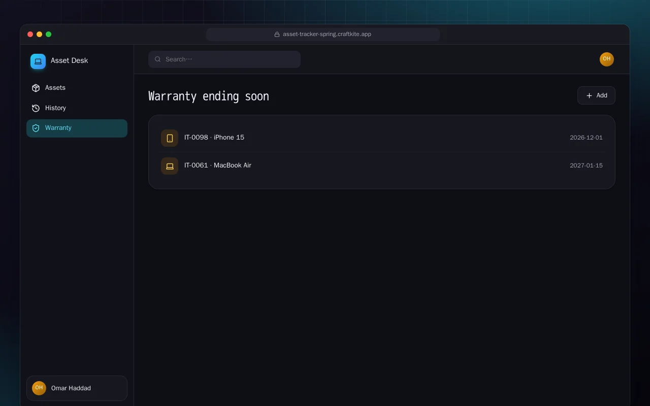 IT Asset Tracker (Spring Boot): the Warranty ending soon screen