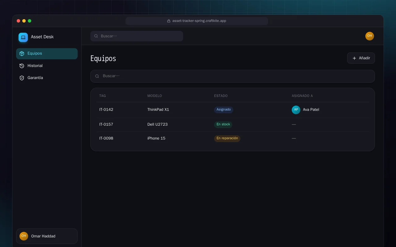 Inventario de equipos TI (Spring Boot): la pantalla Equipos