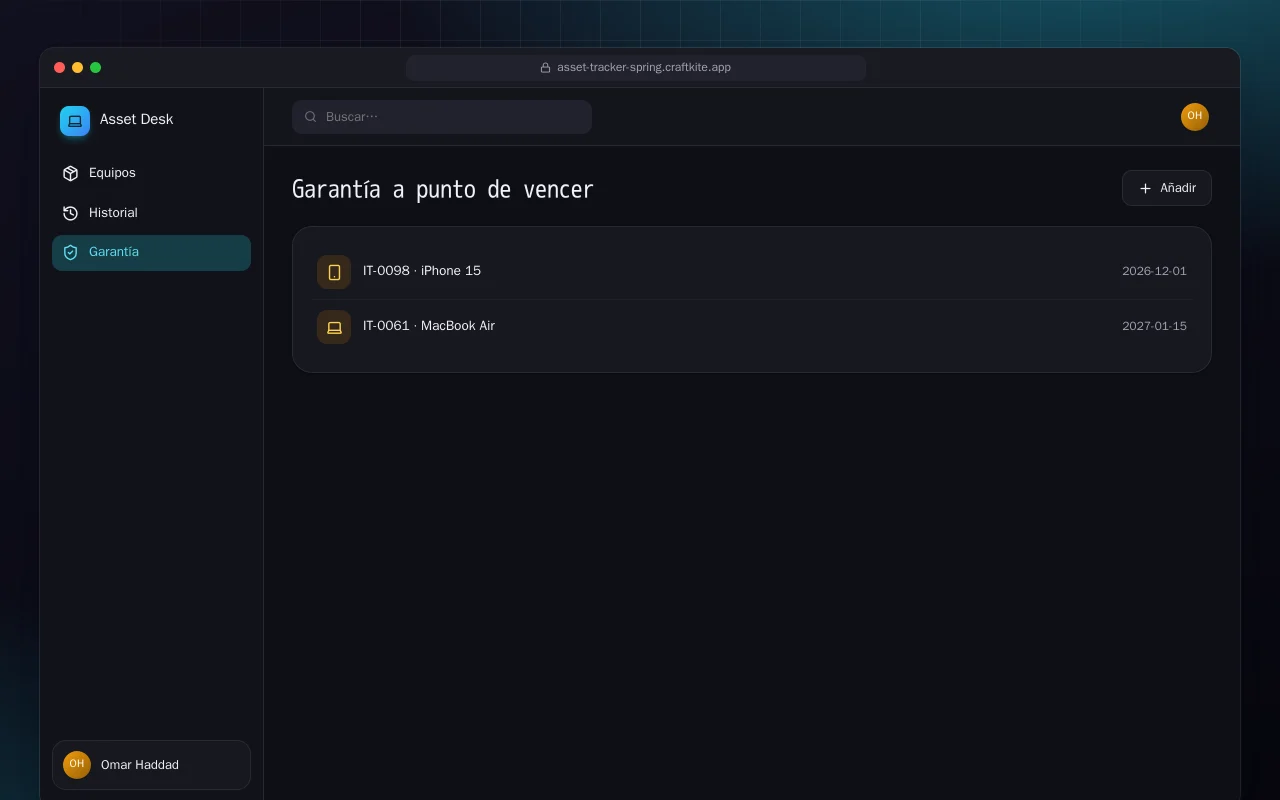Inventario de equipos TI (Spring Boot): la pantalla Garantía a punto de vencer