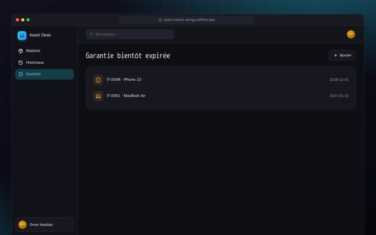 Suivi du parc informatique (Spring Boot) : l’écran Garantie bientôt expirée