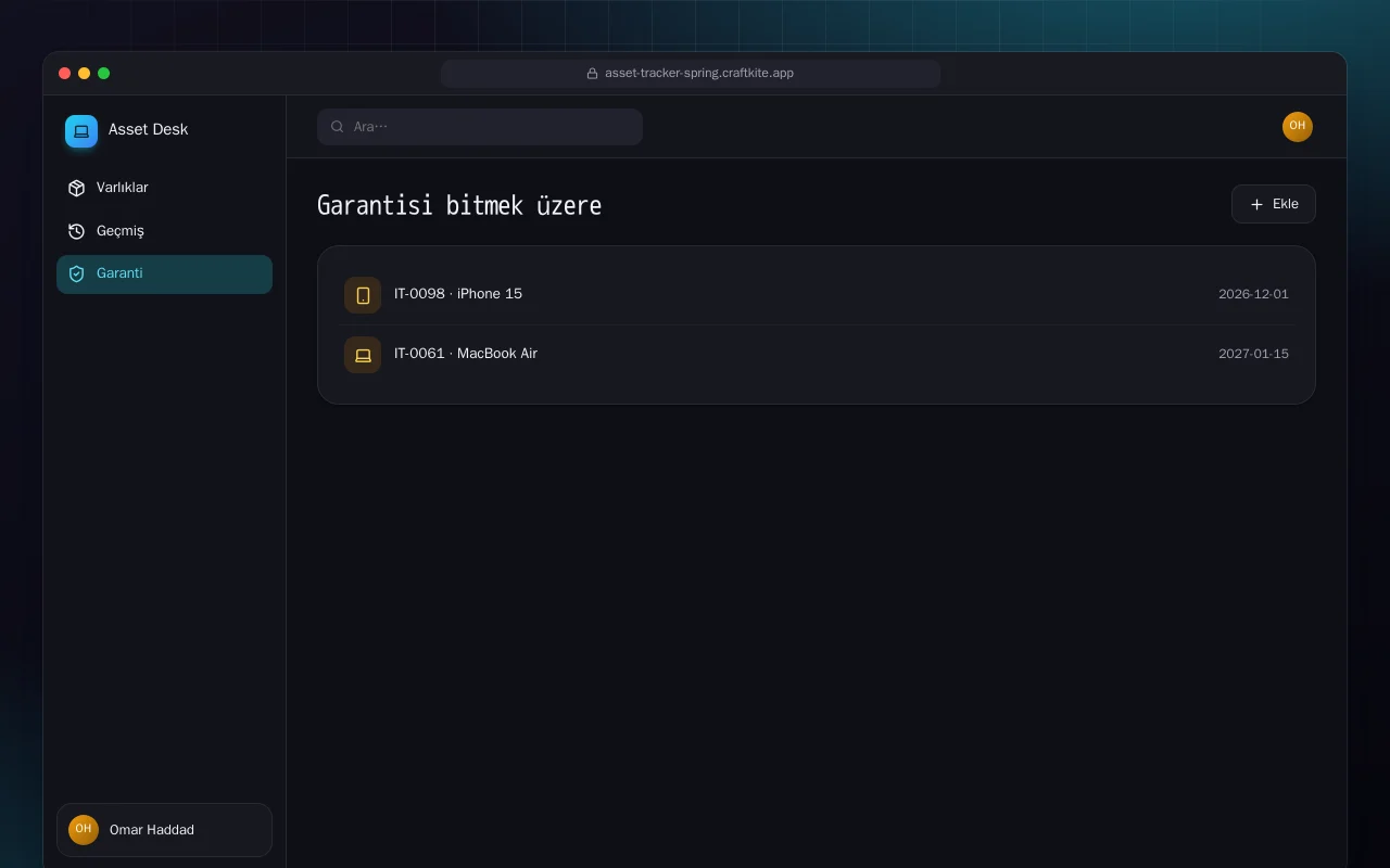 BT Varlık Takibi (Spring Boot): Garantisi bitmek üzere ekranı