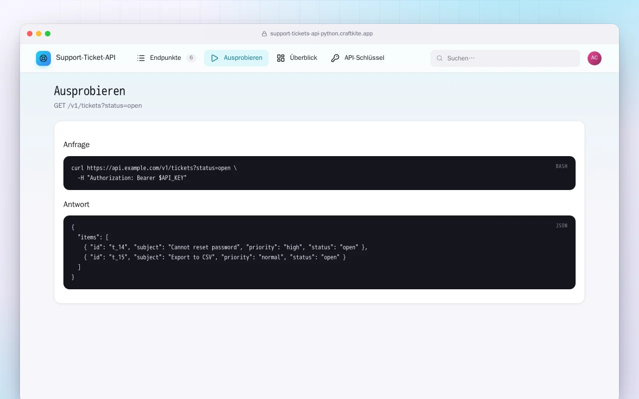 Support-Ticket-API (Python): der Bildschirm „Ausprobieren“