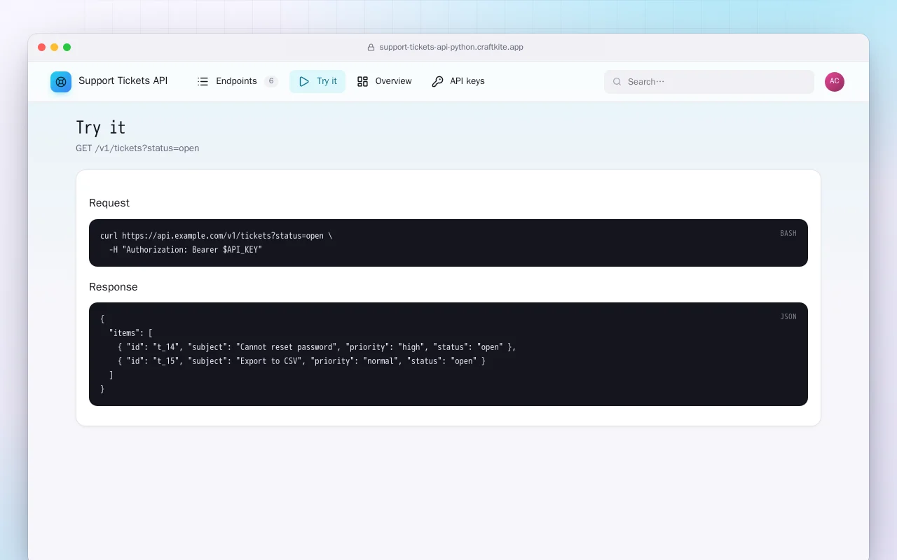 Support Tickets API (Python): the Try it screen