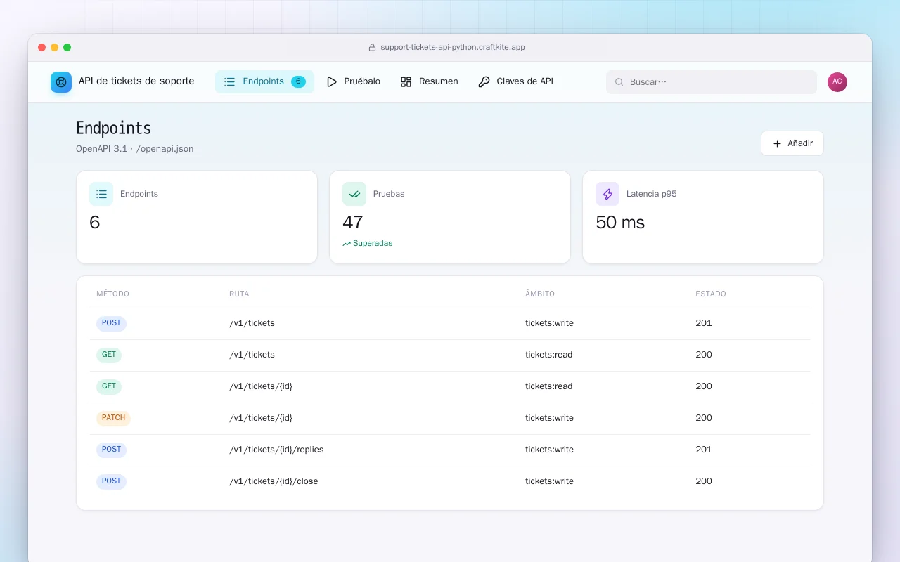 API de tickets de soporte (Python): la pantalla Endpoints