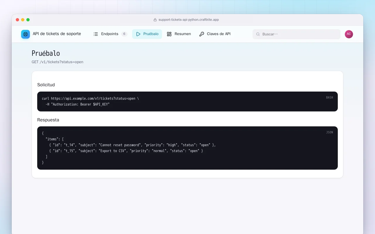 API de tickets de soporte (Python): la pantalla Pruébalo