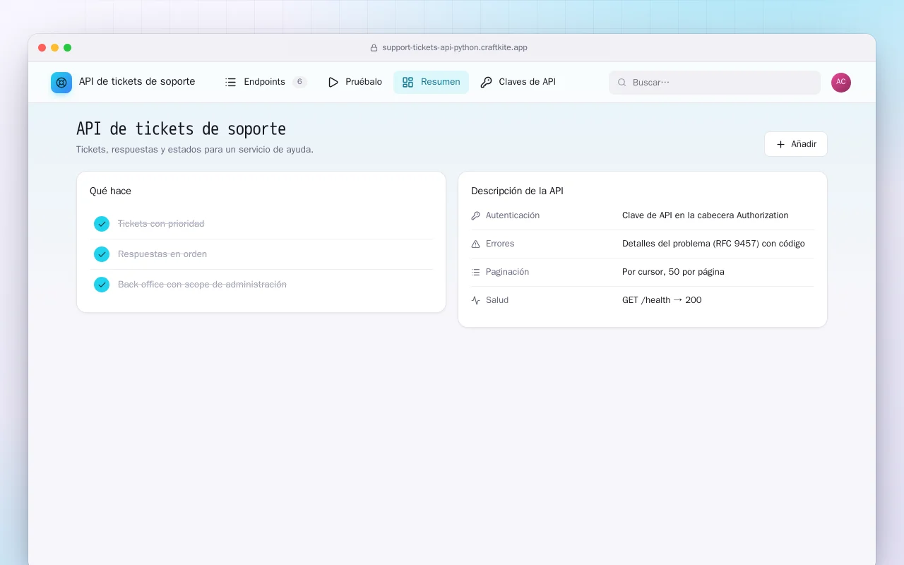 API de tickets de soporte (Python): la pantalla API de tickets de soporte