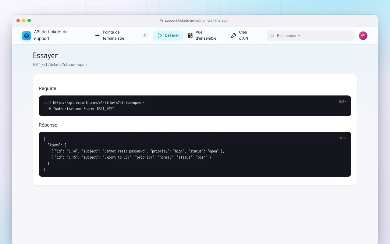 API de tickets de support (Python) : l’écran Essayer