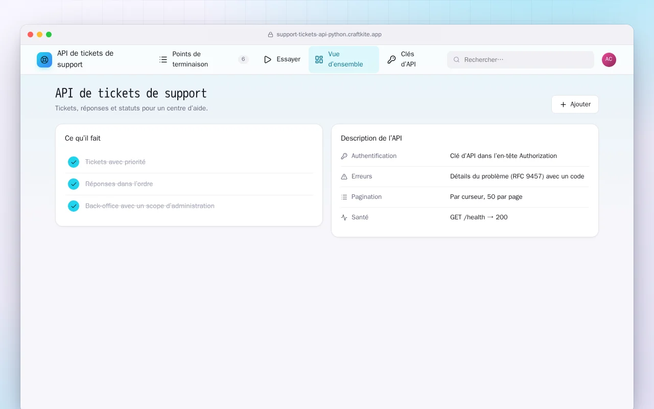 API de tickets de support (Python) : l’écran API de tickets de support