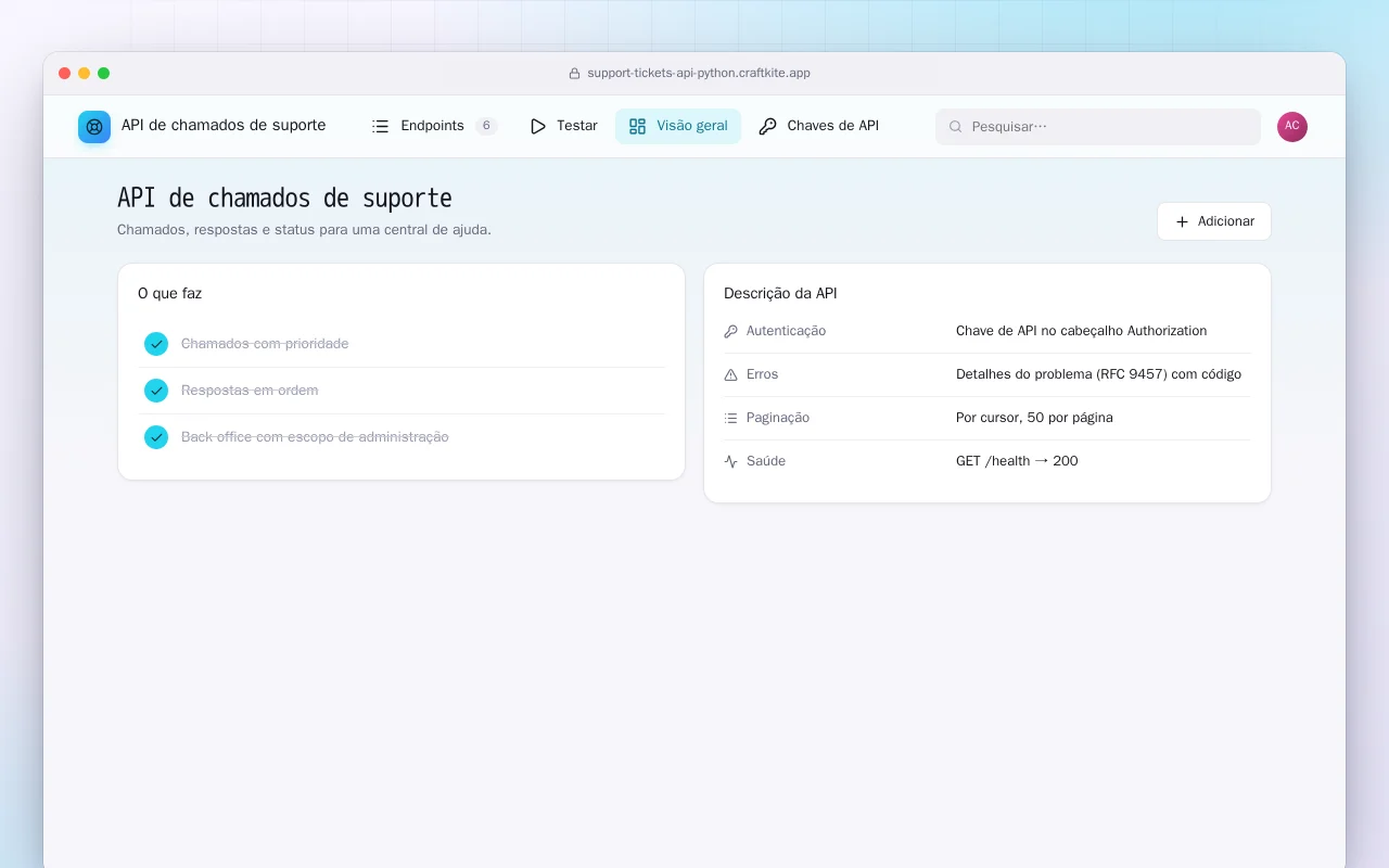 API de chamados de suporte (Python): a tela API de chamados de suporte