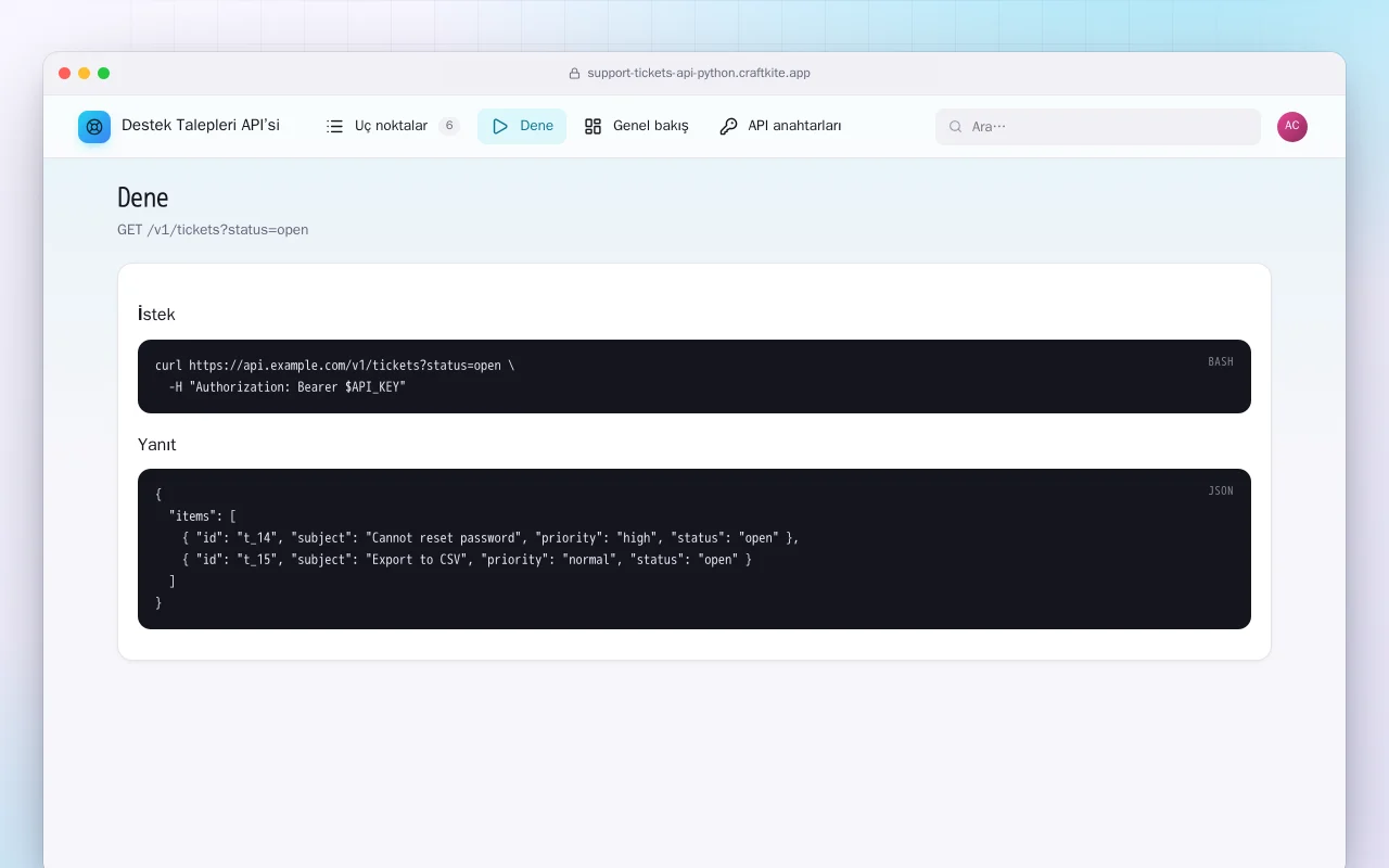 Destek Talepleri API’si (Python): Dene ekranı