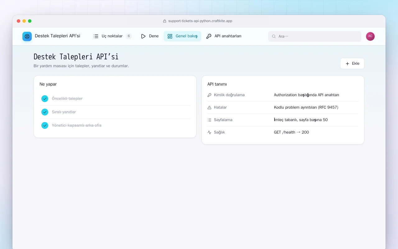 Destek Talepleri API’si (Python): Destek Talepleri API’si ekranı