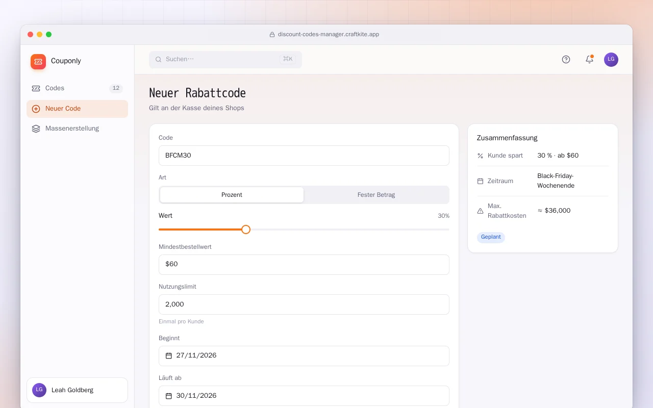 Rabattcode-Verwaltung: der Bildschirm „Neuer Rabattcode“
