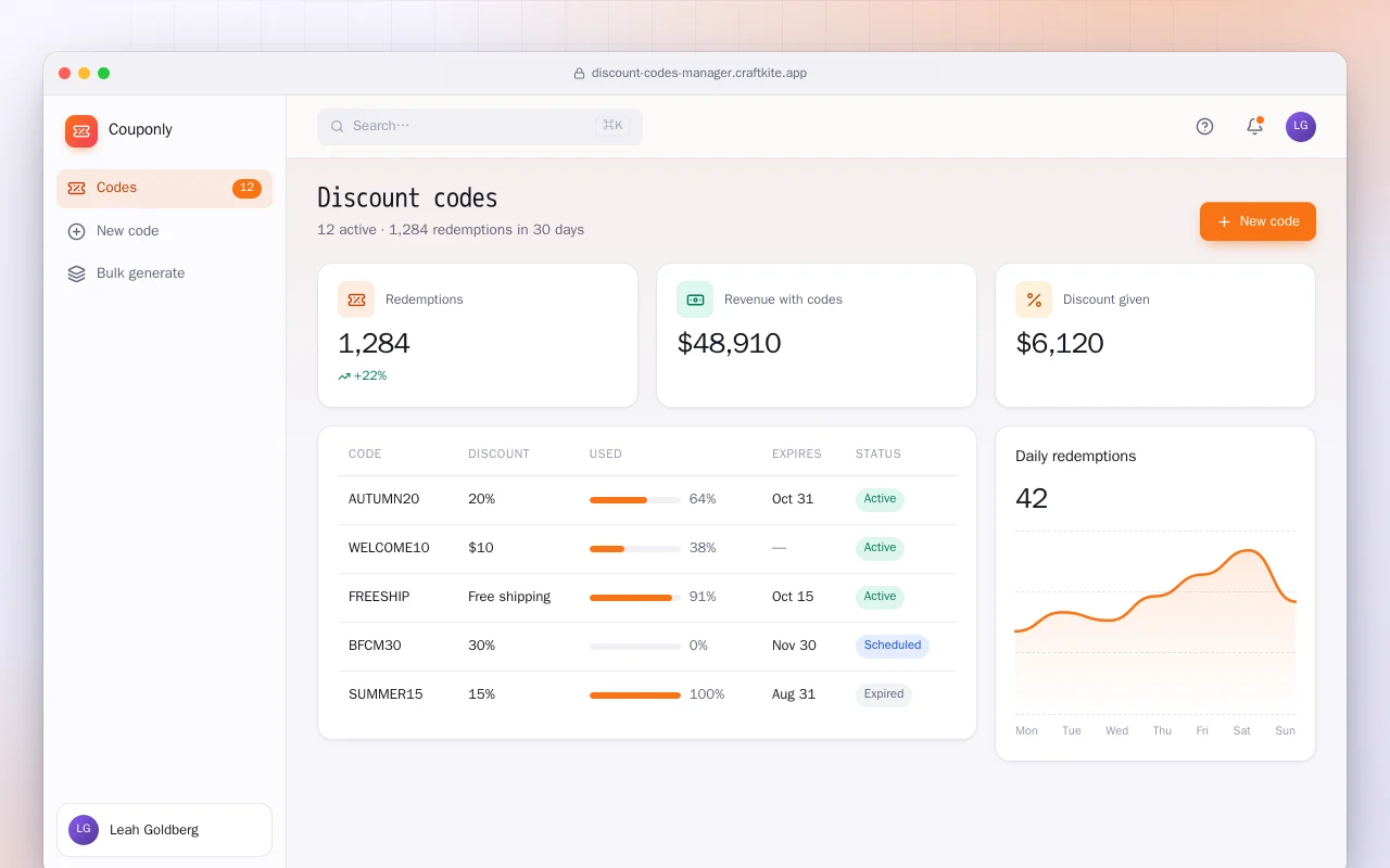Discount code manager: the Discount codes screen