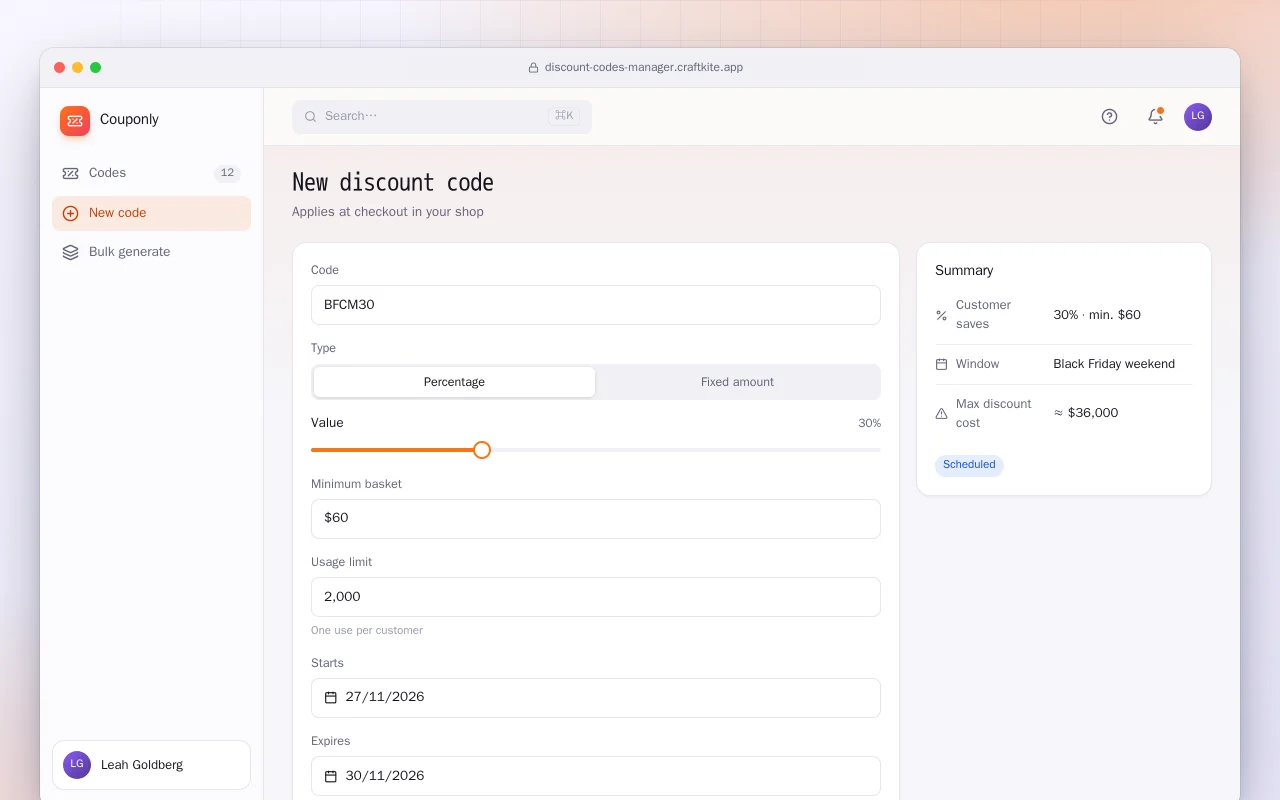 Discount code manager: the New discount code screen