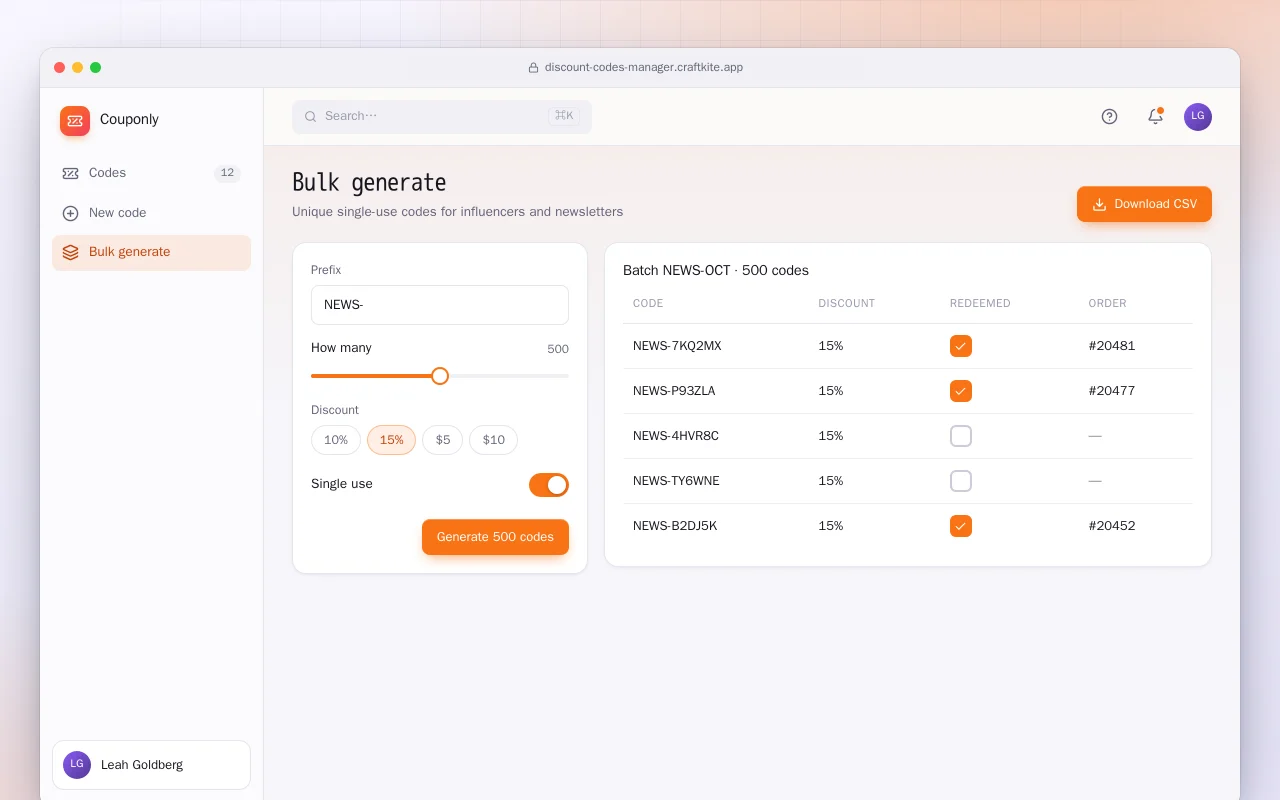 Discount code manager: the Bulk generate screen