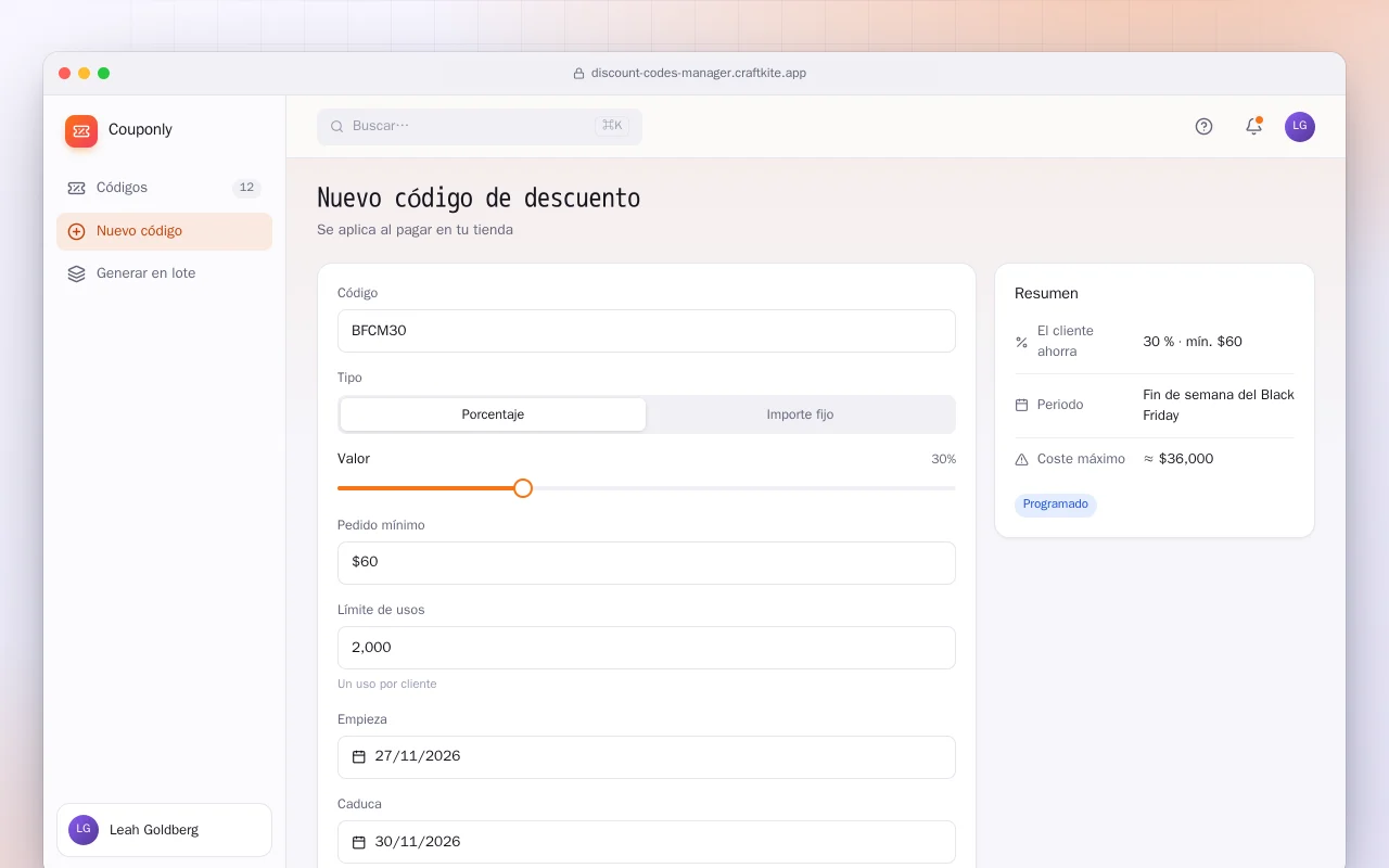 Gestor de códigos de descuento: la pantalla Nuevo código de descuento