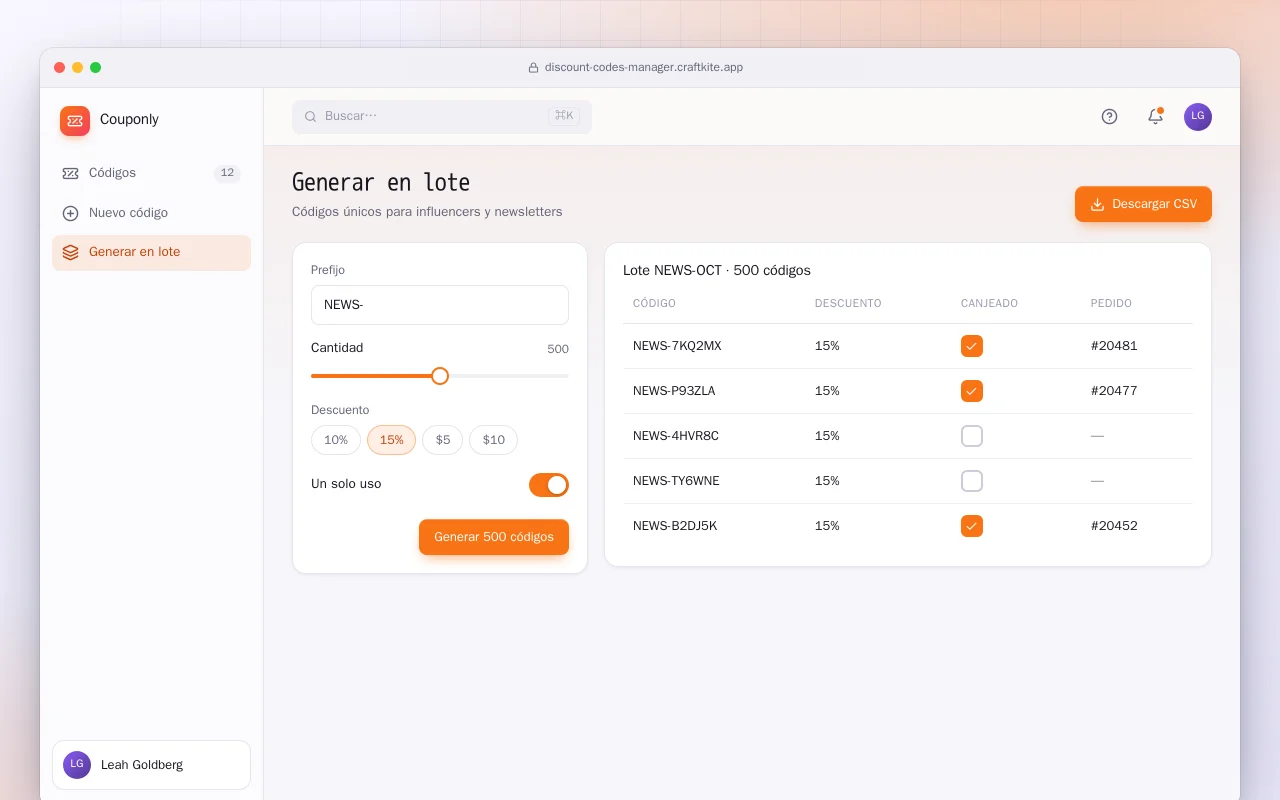 Gestor de códigos de descuento: la pantalla Generar en lote