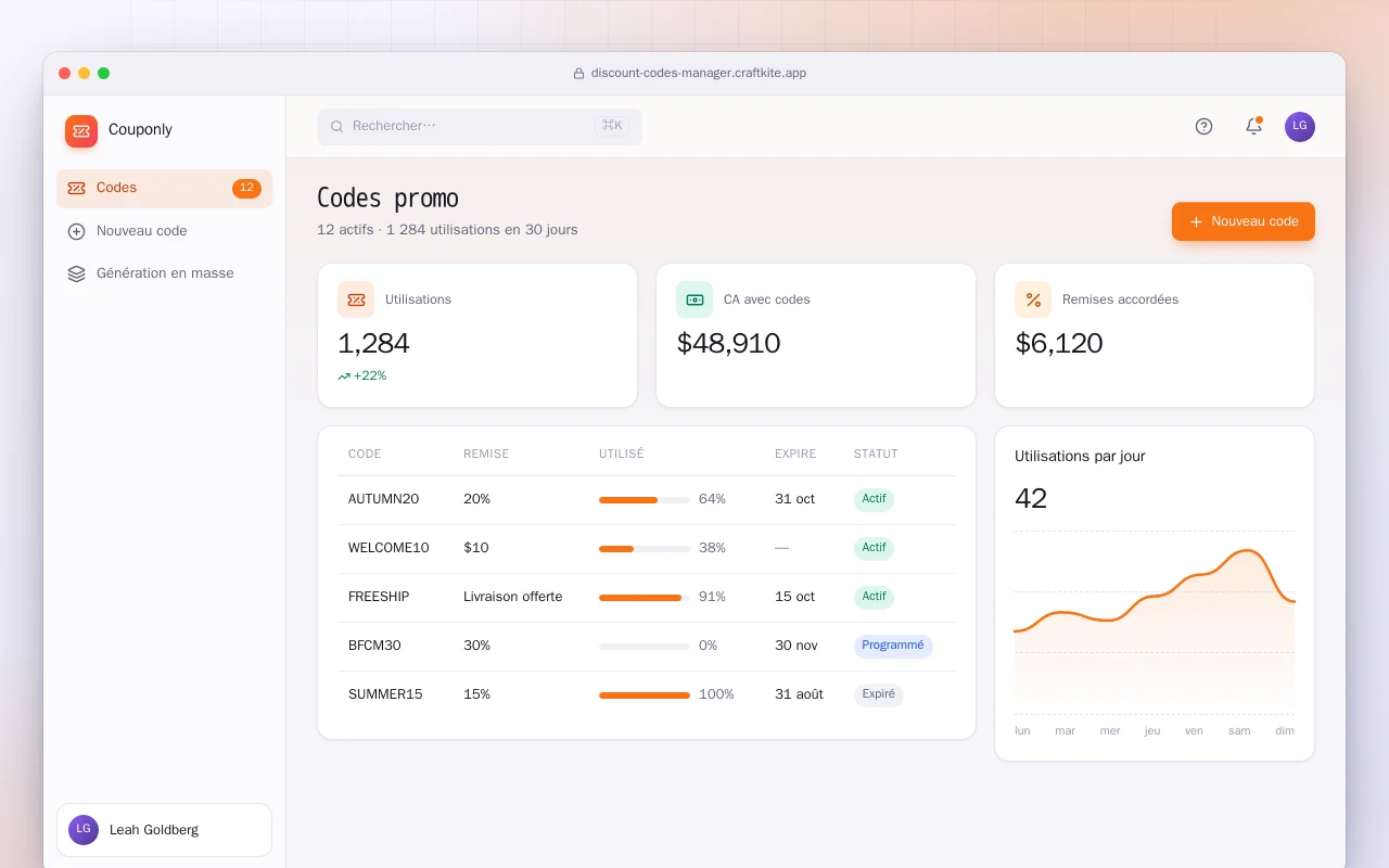 Gestionnaire de codes promo : l’écran Codes promo