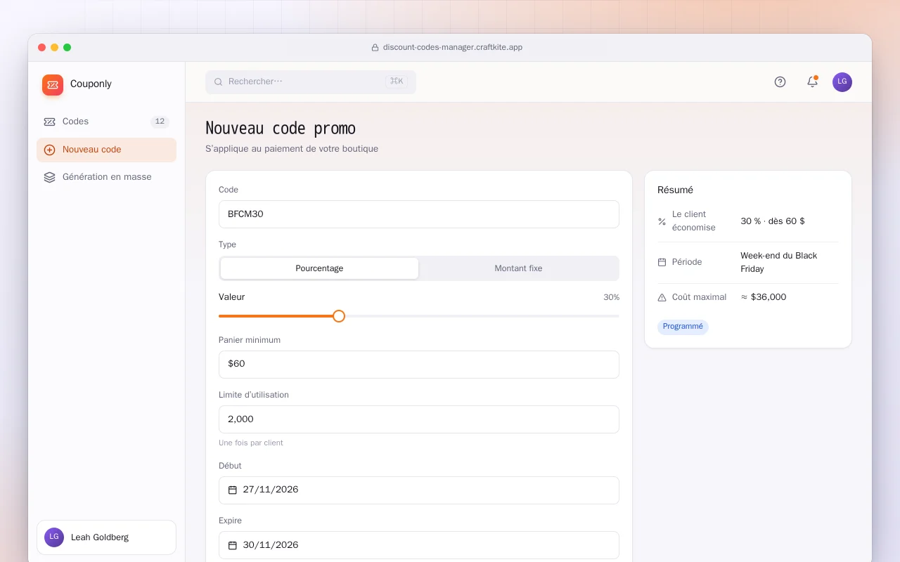 Gestionnaire de codes promo : l’écran Nouveau code promo