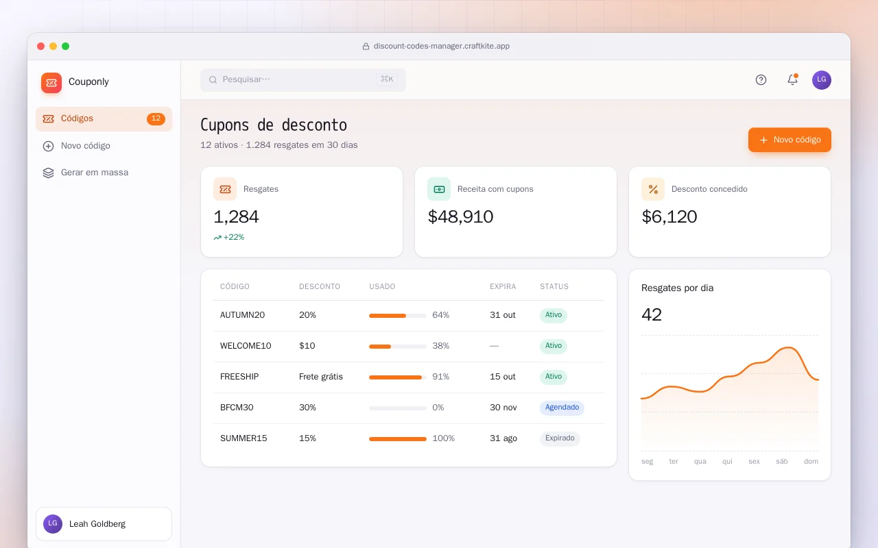Gestão de cupons de desconto: a tela Cupons de desconto