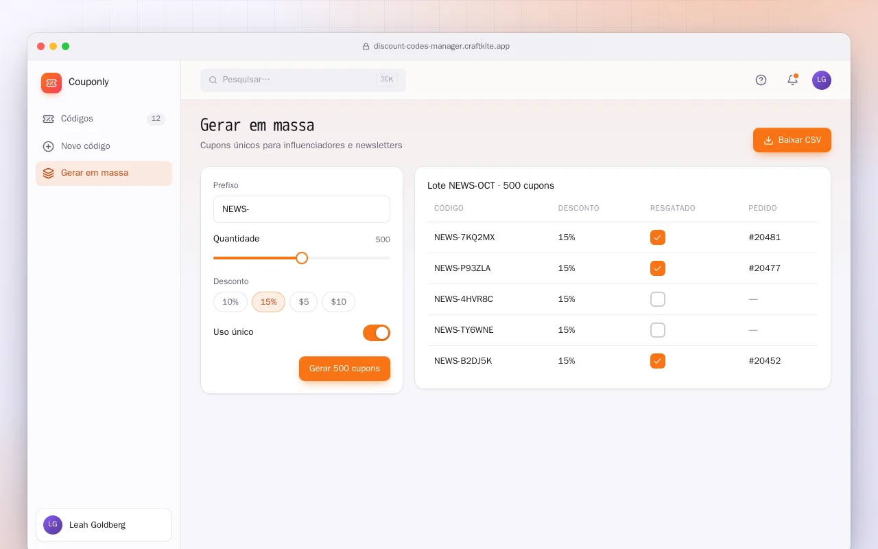 Gestão de cupons de desconto: a tela Gerar em massa