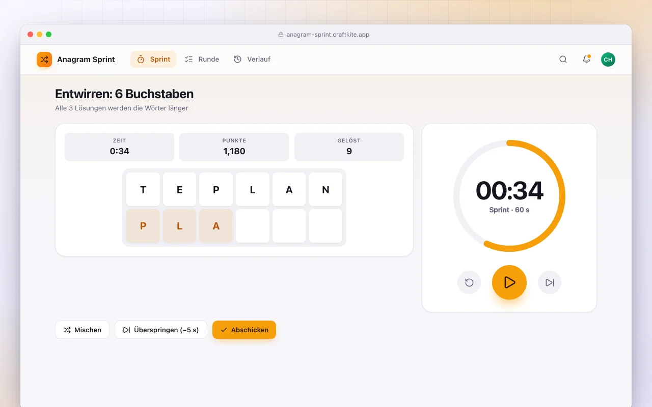 Anagramm-Sprint: der Bildschirm „Entwirren: 6 Buchstaben“