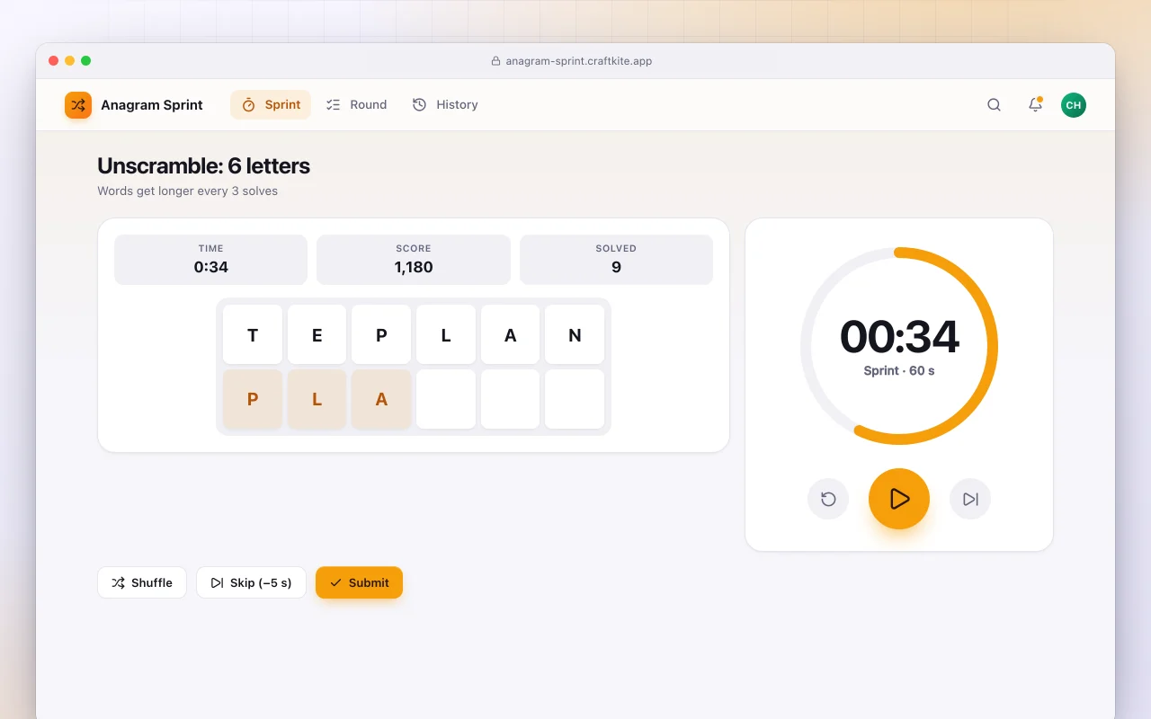 Anagram sprint: the Unscramble: 6 letters screen
