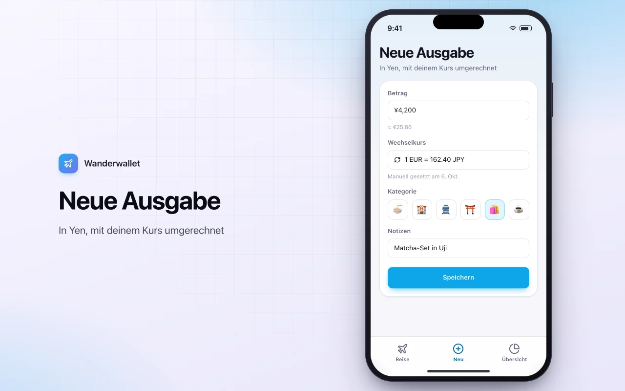Reisebudget- und Währungstracker: der Bildschirm „Neue Ausgabe“