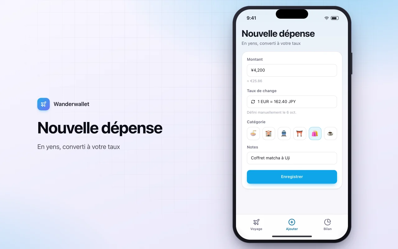 Budget de voyage et devises : l’écran Nouvelle dépense